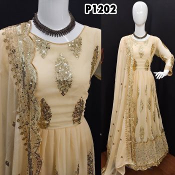 NEW DESIGNER GEORGETTE EMBROIDERY WORK GOWN BOTTOM WITH DUPATTA CHIKU