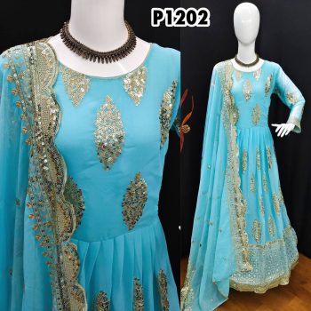 NEW DESIGNER GEORGETTE EMBROIDERY WORK GOWN BOTTOM WITH DUPATTA SKY