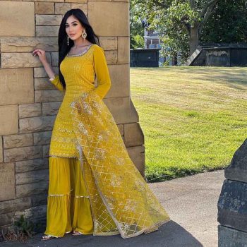 DESIGNER WEAR PARTY LOOK FAUX GEORGETTE WITH EMBROIDERY WORK TOP AND SHARARA YELLOW COLOR