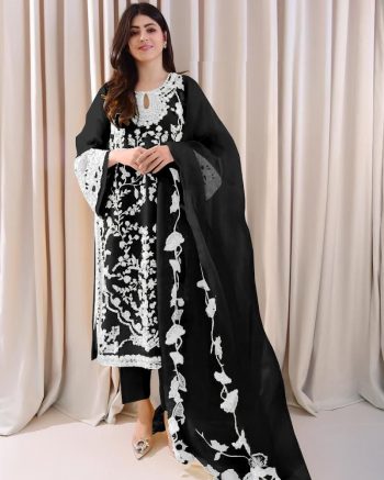 FORMAL WEAR GEORGETTE EMBROIDERY WORK  NAYRA CUT TOP BOTTOM WITH DUPATTA BLACK