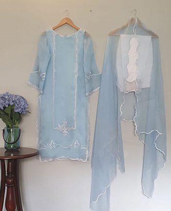 LATEST WONDERFUL SKY BLUE PURE ORGANZA TOP BOTTOM DUPATTA SKKY