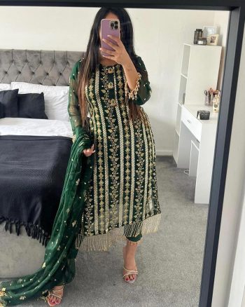 RICH LOOK GEORGETTE EMBROIDERY SEQUENCE WORK TOP BOTTOM WITH DUPATTA GREEN