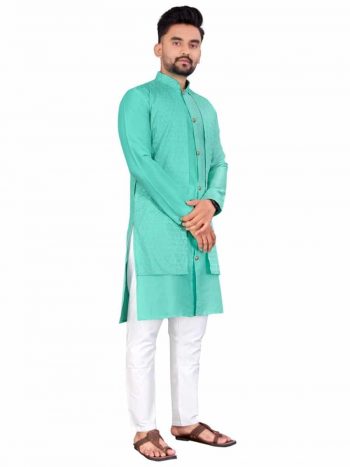 TRADITIONAL BANGLORI SILK JACQUARD WORK KURTA PAYJAMA WITH ATTACHED JACKET SKY