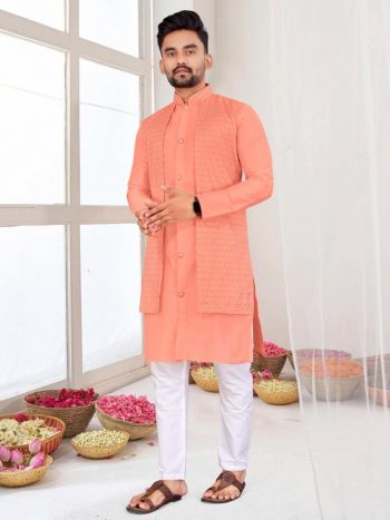 TRADITIONAL BANGLORI SILK JACQUARD WORK KURTA PAYJAMA WITH ATTACHED JACKET PEACH