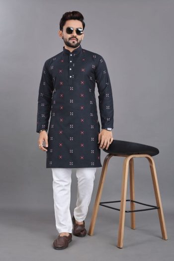 TRADITIONAL COTTON JACQUARD WORK MEN'S WEAR  KURTA WITH PAYJAMA NAVY BLUE