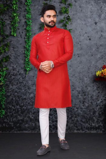 TRADITIONAL PURE COTTON SILVER WEAVING LINGING KURTA WITH PAYJAMA RED
