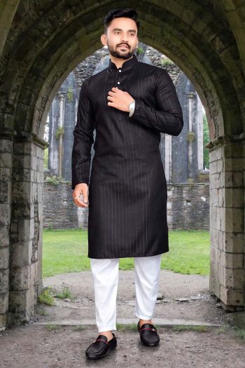 TRADITIONAL PURE COTTON SILVER WEAVING LINGING KURTA WITH PAYJAMA BLACK