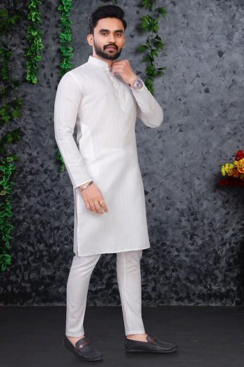 TRADITIONAL PURE COTTON SILVER WEAVING LINGING KURTA WITH PAYJAMA WHITE