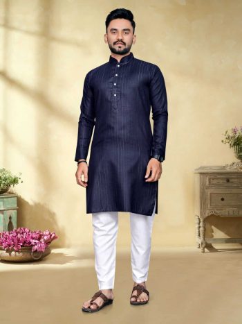 TRADITIONAL PURE COTTON SILVER WEAVING LINGING KURTA WITH PAYJAMA NAVY BLUE