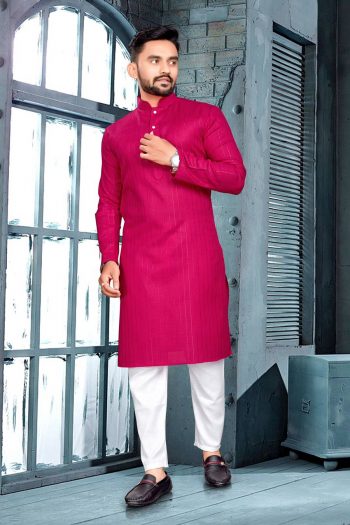 TRADITIONAL PURE COTTON SILVER WEAVING LINGING KURTA WITH PAYJAMA DARK PINK