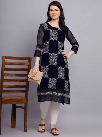 TRENDING GEORGETTE CHICKENKARI ONLY KURTI ROYAL BLUE