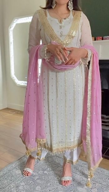 TRENDING GEORGETTE EMBROIDERY SEQUENCE WORK  TOP BOTTOM WITH DUPATTA WHITE