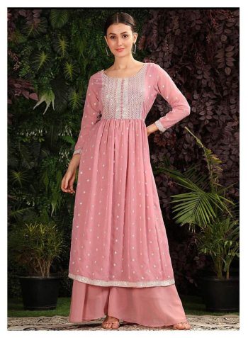 TRENDING GEORGETTE SEQUENCE EMBROIDERY WORK TOP PALAZZO WITH DUPATTA PEACH