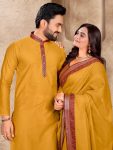 TRENDING-LINEN-SILK-JACQUARD-WORK-MENS-KURTA-PAYJAMA-AND-SAREE-WITH-UNSTITCHED-BLOUSE-COUPLE-WEAR-WHOLESALE-PRICE-ETHNIC-GARMENT-15.jpeg