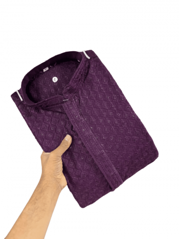TRENDING RAYON COTTON MACHINE EMBROIDERY WORK MEN'S KURTA WITH PAYJAMA WINE