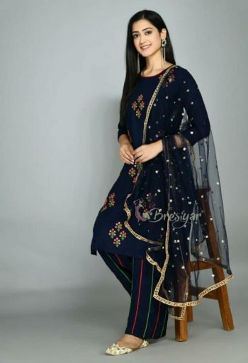 TRENDING RAYON EMBROIDERY WORK TOP PALAZZO WITH DUPATTA NAVY BLUE