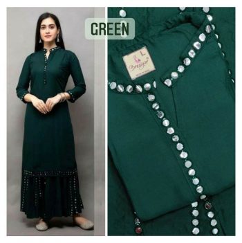 TRENDING RAYON WITH MIRROR WORK KURTI WITH PALAZZO GREEN