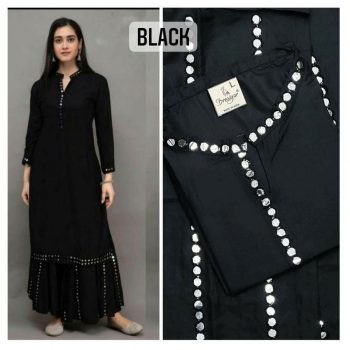TRENDING RAYON WITH MIRROR WORK KURTI WITH PALAZZO BLACK