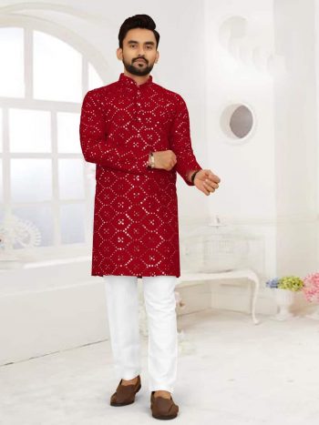 TRENDING SILK EMBROIDERY MIRROR WORK KURTA WITH PAYJAMA MAROON