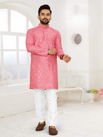TRENDING SILK EMBROIDERY MIRROR WORK KURTA WITH PAYJAMA LIGHT PINK
