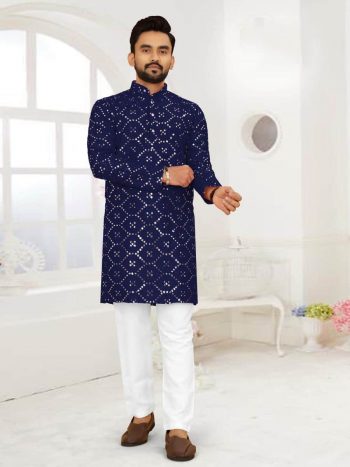 TRENDING SILK EMBROIDERY MIRROR WORK KURTA WITH PAYJAMA NAVY BLUE