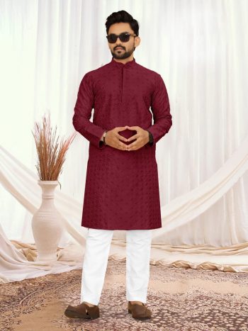 TRENDING SILK LUCKNOWI SEQUENCE WORK MEN'S KURTA WITH PAYJAMA GAJARI