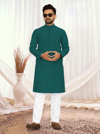 TRENDING SILK LUCKNOWI SEQUENCE WORK MEN'S KURTA WITH PAYJAMA RAMA