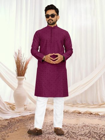 TRENDING SILK LUCKNOWI SEQUENCE WORK MEN'S KURTA WITH PAYJAMA WINE