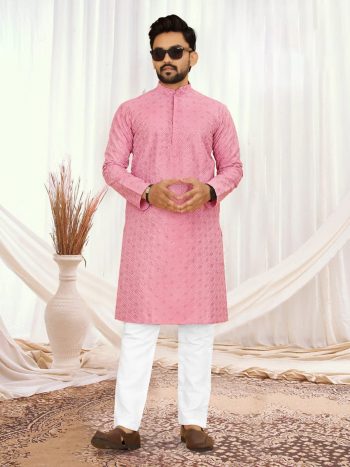 TRENDING SILK LUCKNOWI SEQUENCE WORK MEN'S KURTA WITH PAYJAMA PEACH