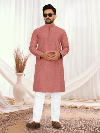 TRENDING SILK LUCKNOWI SEQUENCE WORK MEN'S KURTA WITH PAYJAMA BABY PINK