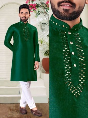TRENDING SILK REAL MIRROR WORK KURTA WITH PAJAMA GREEN