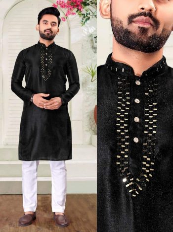 TRENDING SILK REAL MIRROR WORK KURTA WITH PAJAMA BLACK