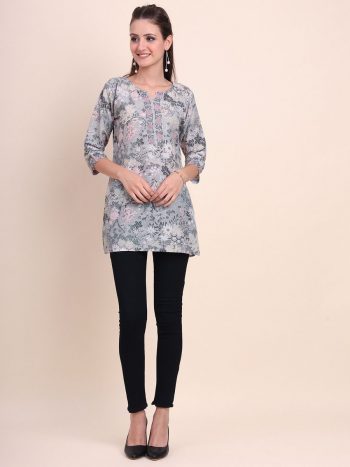 TRENDING SOFT COTTON DIGITAL PRINTED SHORT KURTI GREY