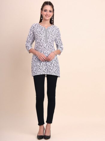 TRENDING SOFT COTTON DIGITAL PRINTED SHORT KURTI WHITE