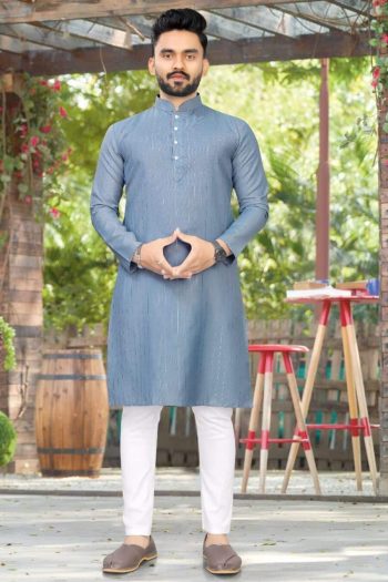 TRENDING WEAVING WORK MEN'S KURTA WITH PAYJAMA GREY