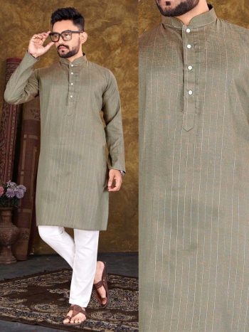 SIMPLE TWO TONE COTTON KURTA WITH PAYJAMA READY TO WEAR OLIVE