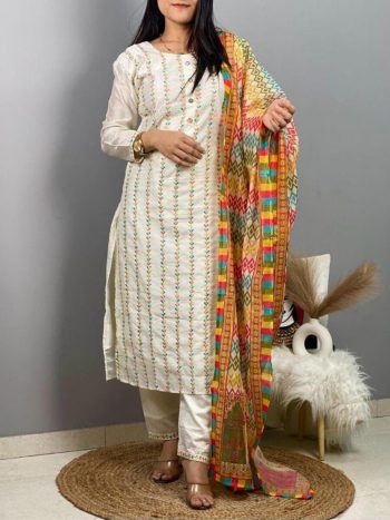 PARTY WEAR COTTON SILK EMBROIDERY SEQUENCE WORK MEN'S KURTA WITH PAYJAMA OFF WHITE