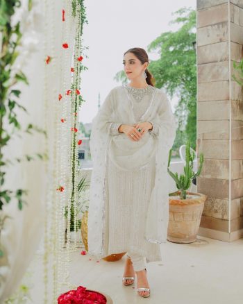 DESIGNER GEORGETTE  EMBROIDERED SEQUENCE WORK TOP BOTTOM WITH DUPATTA WHITE