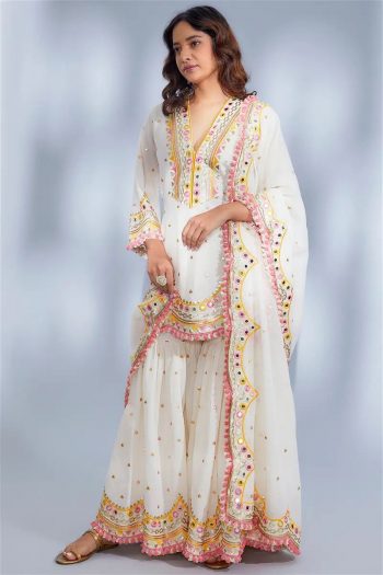 PARTY WEAR EMBROIDERY SEQUENCE WORK TOP PALAZZO WITH DUPATTA WHITE