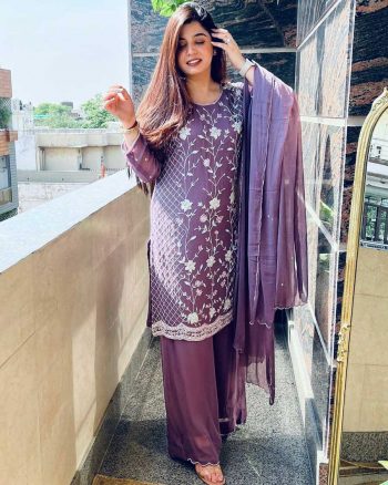 PARTY WEAR EMBROIDERY SEQUENCE WORK TOP PALAZZO WITH DUPATTA LAVENDER