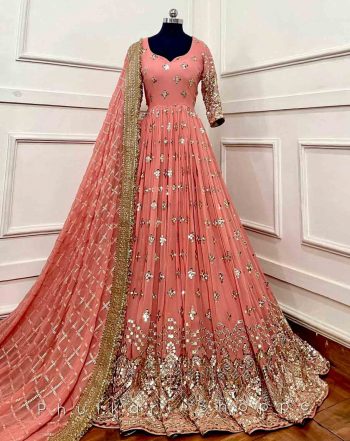 PARTY WEAR GEORGETTE EMBROIDERY SEQUENCE WORK GOWN BOTTOM WITH DUPATTA PEACH