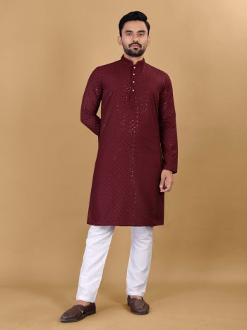 FANCY COTTON RAYON MENS KURTA WITH PAYJAMA MAROON