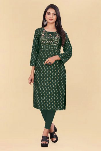 DESIGNER RAYON FOIL PRINT WITH EMBROIDERY SEQUENCE WORK ONLY KURTI GREEN