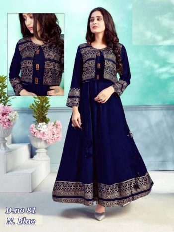 PARTY WEAR RAYON GOLD PRINT WORK  GOWN BLUE