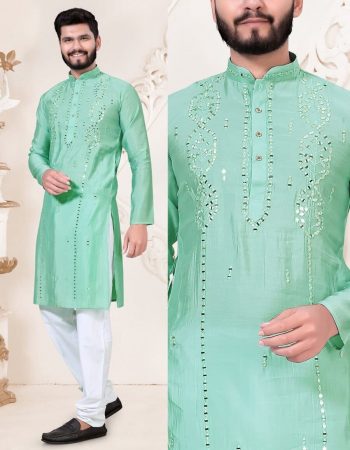 DESIGNER VISCOSE MIRROR WORK MEN'S KURTA WITH PAYJAMA SEA GREEN