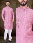 DESIGNER VISCOSE MIRROR WORK MEN'S KURTA WITH PAYJAMA PINK