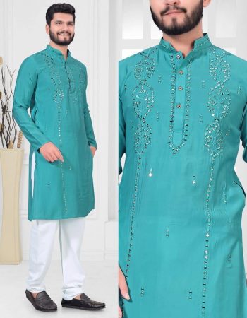 DESIGNER VISCOSE MIRROR WORK MEN'S KURTA WITH PAYJAMA SKY