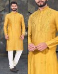 DESIGNER VISCOSE MIRROR WORK MEN'S KURTA WITH PAYJAMA YELLOW