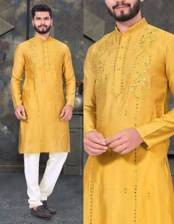 DESIGNER VISCOSE MIRROR WORK MEN'S KURTA WITH PAYJAMA YELLOW
