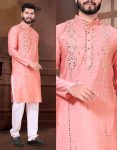 DESIGNER VISCOSE MIRROR WORK MEN'S KURTA WITH PAYJAMA PEACH